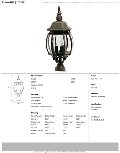 Maxim 1035RP Crown Hill 3-Light Outdoor Pole/Post Lantern, Rust Patina Finish, Clear Glass, CA Incandescent Incandescent Bulb , 60W Max., Damp Safety Rating, Standard Dimmable, Frosted Glass Shade Material, Rated Lumens