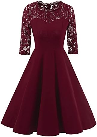 SYLVIEY Women's Elegant Floral Lace 2/3 Sleeves Swing Bridesmaid Dress Burgundy S