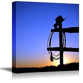 American West Rodeo Cowboy Hat Hanging on a Ranch Fence Post at Sunset - Canvas Art Wall Art - 12" x 12"