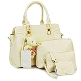 SNUG STAR Women's Fashion Mutifunction Leather Printing Top-Handle Tote Handbag Shoulder Cross Body Purse Bag Evening Bag 4Pcs Set (Rice White)