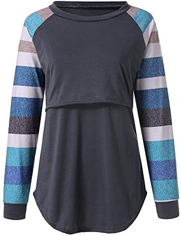 Doublelift Womens Maternity Nursing Shirts Patchwork Stripe Breastfeeding Tunic Tops