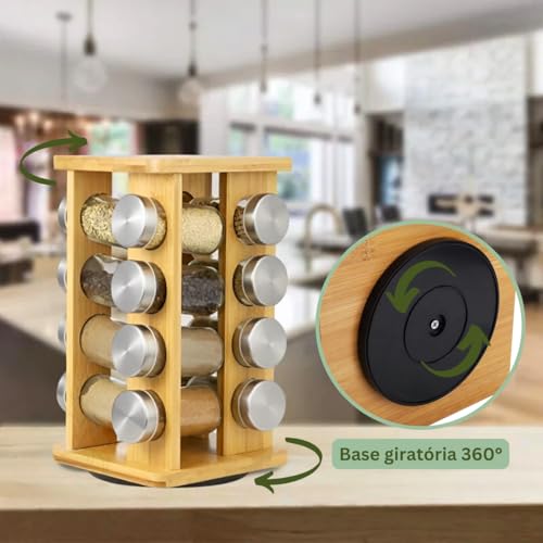 Porta Temperos de Bambu Giratório 16 Potes de Vidro Organizador Condimentos Especiarias Cozinha