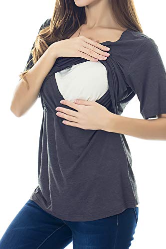 Smallshow 3 Pcs Maternity Nursing T-Shirt Nursing Tops Dim Grey-Indigo-Green Large