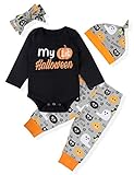 Baby Girl Boy Clothes My First Halloween Long Sleeve Romper,Little Cute Ghost Pants with Hat+Headband Outfit Set(0-3 Months)