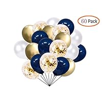 60 pcs Navy Blue and Gold Confetti Balloons， 12 inch Pearl White and Gold Metallic Party Balloons for Shower Wedding Engagement Birthday Graduation Supplies