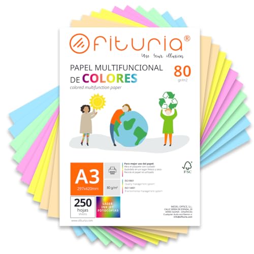 Coloured Sheets, Pack 250 Sheets A3 80 g – Coloured Paper for Crafts, Printer, Scrapbooking – Folios Colours – Ideal Origami, Papiroflexia, Office and School (Assorted Pastel, 250h)