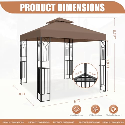 8x8 Brown Soft Top Patio Gazebo with Corner Shelves & Double Roof image 18