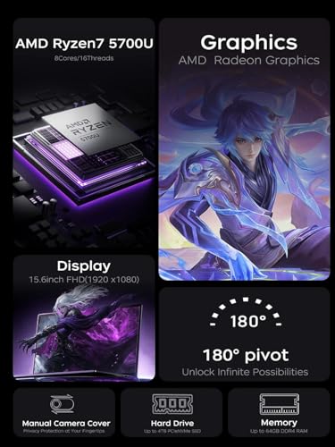ACEMAGIC Ryzen 7 5700U, 8 Core Laptop, Up to 4.3Ghz, 16GB RAM, 512GB SSD, AMD Radeon Built-in, 15.6 Inch 1080 FHD Display, Wi-Fi 6, Privacy Cam, BT5.0, HDMI, 3 Battery Modes