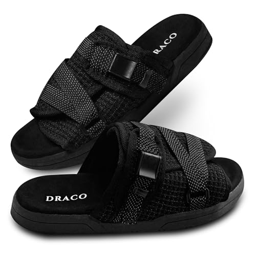 DracoSlides Reflective Slides for Men and Women, Wrapped in Reflective 3M with Adjustable Straps for Wide/Narrow Feet, Sandals with Arch Support & Slip Resistant, Men & Women Footwear, Black