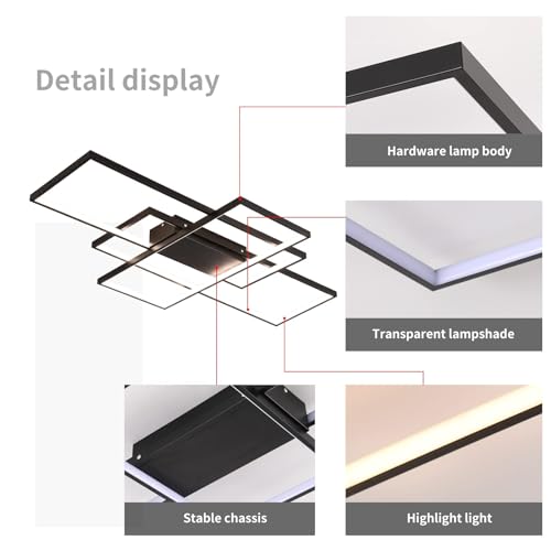 Luz de techo LED moderna geadi, luz de techo incorporada ajustable en negro de 35“, 3 lámparas de techo cuadrado, adecuada para comedor de dormitorio de Sala de techo bajo (50w, 3000k-6500k)