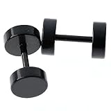 Top Plaza Men Women Unisex Stainless Steel Barbell Bar Ear Studs, Screw Back,Flat Round Plug Earrings,Gothic Punk Piercing Unisex Ear Stud, 6MM, Black
