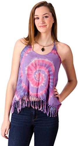 TCG Women's Tie-Dye Fringed Crop Top Cami - Purple Pink Multi