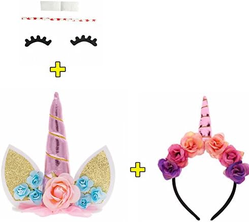 Unicorn Cake Topper, Eyelashes inclueded, Bonus with Unicorn Headband Unicorn Party Supplies(Pink)