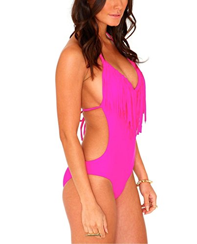 V28® Padded One Piece Fringed Swimsuit Swimwear Monokini (US size: S, Pink2) - Thumbnail 2