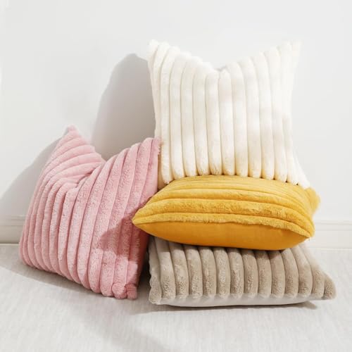 decorUhome Faux Fur Cushion Covers 45x45 cm Set of 2, Decorative Soft Plush Striped Neutral Pillow case 18X18 Inch with Velvet Back for Sofa, Bed, Living Room Home Decor, Cream White