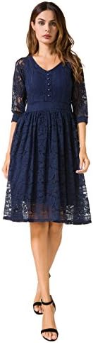 AMII Women's A-line V Neck Lace 3/4 Sleeve Knee Length Dress Blue M