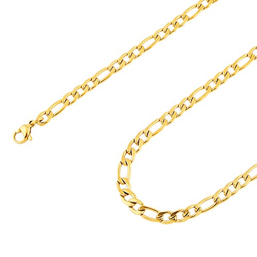 HZMAN Men 24k Real Gold Plated Figaro Chain 5mm Stainless Steel Necklace 24 Inch