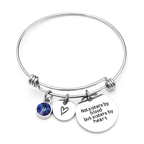 Best Friends Bracelet-Not Sisters By Blood But Sisters By Heart  Women Inspirational Birthstone Charm Bangle Bracelet Stainless Steel
