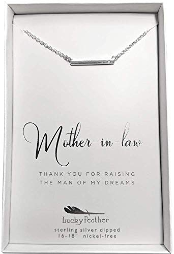 Lucky Feather Sterling Silver Dipped Mother of The Groom Necklace with Crystal Accent Stone and Adjustable Chain