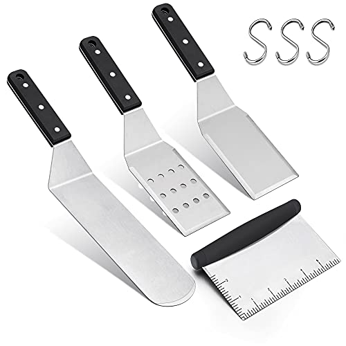 Herogo Griddle Spatula, 4 Piece Stainless Steel Griddle Accessories Kit for Flat Top and BBQ Grill, Heavy Duty Metal Scraper Hamburger Turner Pancake Flipper, Attached 3 Hooks & Dishwasher Safe