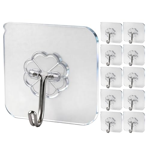 WOVU 10 Pcs Clear Adhesive Hooks No Drilling Strong 15kg Max Waterproof Water/Oil Waterproof Bathroom Kitchen Towel Coat Keys Multipurpose