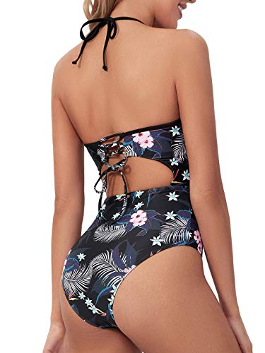 Peddney Vintage Lace One Piece Swimsuits Halter Floral Print Bathing Suit Lace Up Back Monokini Black