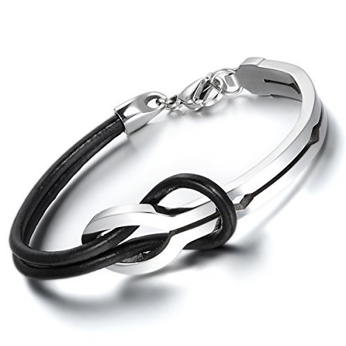 Cupimatch Simple Love Infinity Leather Bracelet Stainless Steel Leather Cuff for Men Women Bangle 8" Black Red (Black)