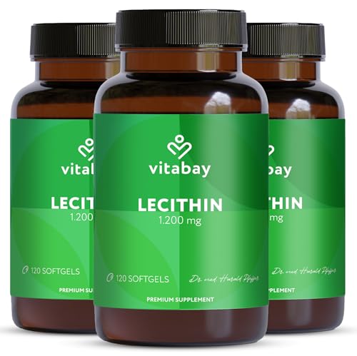 Vitabay Lecithin 1.200mg hochdosiert – 360 vegane Softgels – Phosphatidylcholin aus Soja mit Vitamin E – Ohne Gluten, Laktose & Gentechnik – Laborgepr