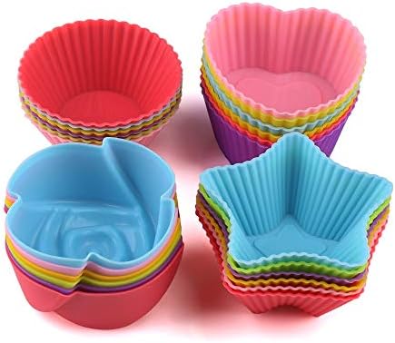 Rilexawhile Silicone Cupcake Liners Reusable Baking Cups Nonstick Easy Clean Pastry Muffin Molds 4 Shapes Round, Stars, Heart, Flowers, 24 Pieces Colorful