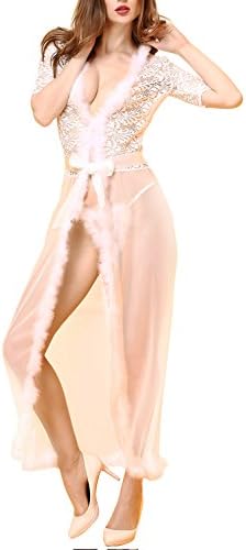 WISHDREAM Women's Sexy Lingerie Lace Dress V-neck Long Babydoll Sleepwear Set (White)