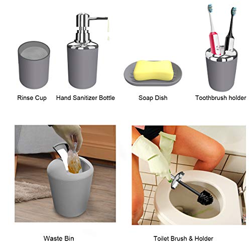TEKITSFUN Grey Bathroom Accessories Set, 6 Pieces Plastic Gift Bath Accessory Sets Luxury Ensemble Includes Toothbrush Holder,Toothbrush Cup,Soap Dispenser,Soap Dish,Toilet Brush Holder,Trash Can