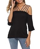 Sarin Mathews Womens Cold Shoulder Top Spaghetti Straps Tank Tops Half Sleeve Shirts Blouses Black S