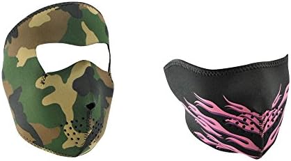 Bundle (2 Items): 1 ZanHeadgear 'Woodland Camo', Tactical 4.0mm Thick, Full Face Neoprene Face Masks -AND- 1 Zan 'Pink Flames' Half Face Neoprene Face Mask, Ski Mask