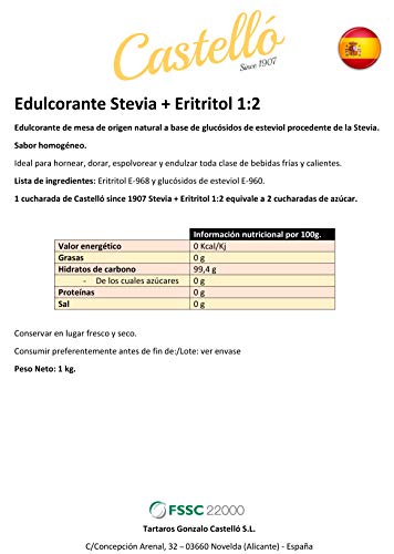 Stevia + Erythrit 1:2 SüÃstoff | 1g = 2g Zucker | 100% Natürlich schmeckender Zuckerersatz - 0 Kalorien - 0 Glykämischer Index - Keto und Paleo - 0 Netto-Kohlenhydrate - Castello since 1907-1 kg – Bild 5