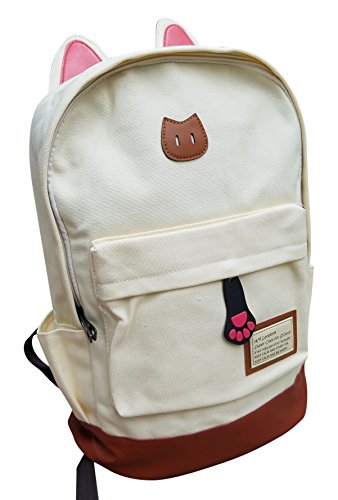 AM Landen CAT Ears Backpack School Bag Travel Backpack Handbag(Off-White-Large)