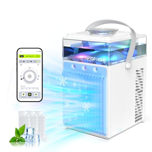 Portable Air Conditioners, 4-IN-1 Evaporative Air Cooler with App Control, 800ml Water Tank, Rechargeable Mini Air Conditioner, 3 Speeds & 3 Mist, Colorful Night Light Cooling Fan (White)