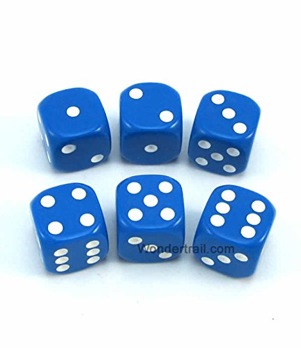 WKP10880E6 Blue Opaque Dice with White Pips D6 16mm (5/8in) Rounded Corners Pack of 6 Dice Koplow Games