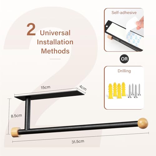 Zivacate Kitchen Roll Holder without Drilling, [Wooden Aesthetic Accents] Kitchen Wall Paper Roll Holder, Kitchen Paper Roll Holder, Wall Roll Holder (Matte Black)