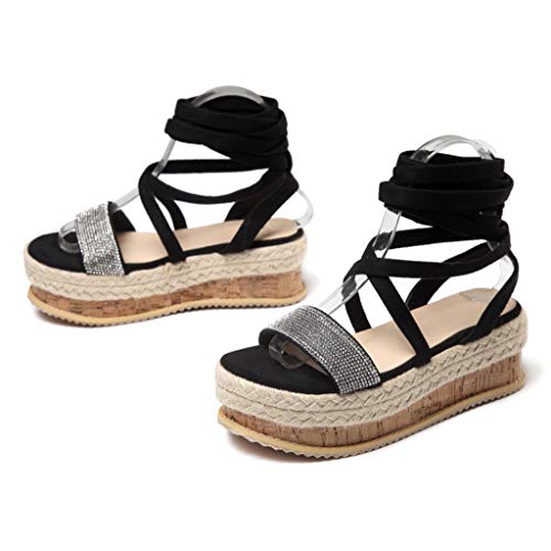 Tantisy ♣↭♣ Summer Fashion Sandals Sequin Cross-Tied Weave Thick-Bottom Roman Single Shoes Chunky Heels for Womens Black - Thumbnail 5