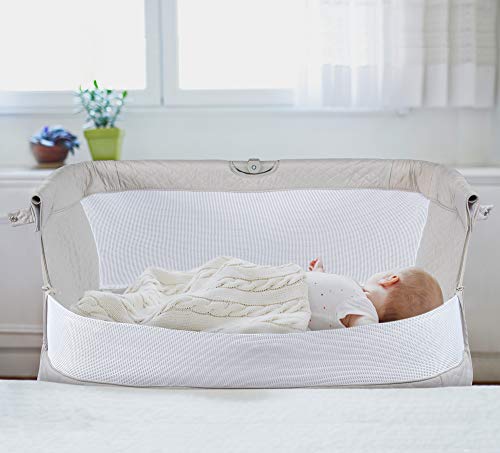 Lil' Jumbl Baby Bedside Bassinet | Standalone Crib & Co Sleeper Combo for Infants 0-6 Months | Adjustable Height, Mattress, 2 Sheets, Net Canopy & Music Box Mobile with Toys | Attaches to Bed or Sofa - Thumbnail 6