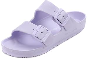 VICT POPU Womens Sandals Adjustable Double Buckle Strap Waterproof EVA Flat Slides