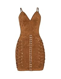 VWIWV Vestido de mujer sexy con cuello en V y correa sin cuello, de ante sintético