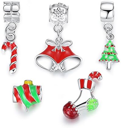 SYW Christmas Charms 5 pieces Sets DIY Bracelet Pendant 925 Silver Plated Beads Jewelry