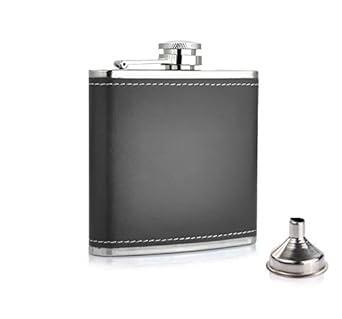 Menzy Hip Flask with Funnel, Stainless Steel and Stitched Leather Flasks (210 ml, Black)