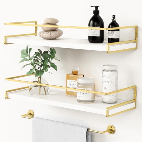 LUMOKU Juego de 2 Repisas Flotantes de Pared,Estantes Flotantes con toallero,Estante de Almacenamiento Repisas para Baño Cocina Cuarto Estar Oficina Dormitorio (Oro Blanco)