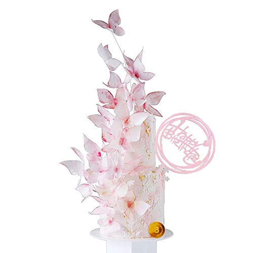 12 Pack Rose Gold Happy Birthday Cake Topper Set, 1 Acrylic Cake Topper, 1 Confetti Balloon, 4 Glitter Paper Fans, 6 Glitter Stars, Calligraphy Bling Cake Decoration Sign Party Banner