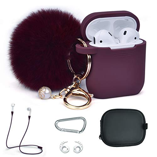 V-MORO Compatible with Airpods Case Protective Silicone Cover with 6 in 1 Airpod Accessories Earhooks/Fur Ball Keychain/Straps/Storage Travel Box for Apple Airpods Women Burgundy