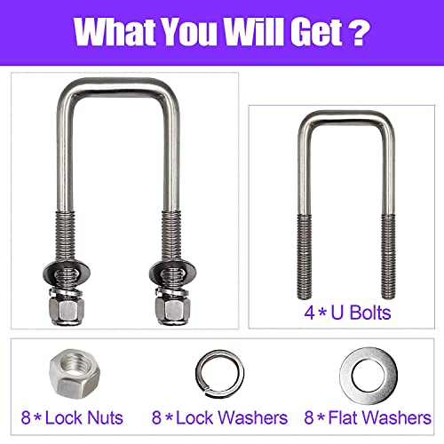 8 Pack Stainless Steel Square U-Bolts – Boat Trailer U-Bolts – 1/2" X 3-1/8" X 4-3/8"