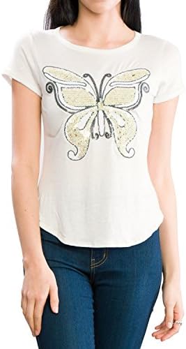 Womens Butter Fly Sequin Patch Short Sleeve Top, Cream, Large