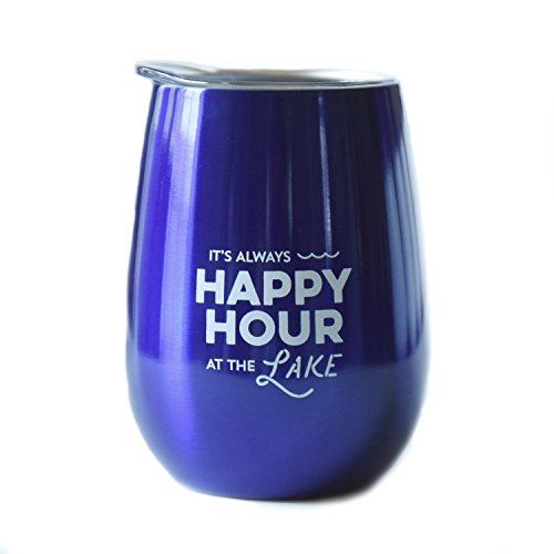 Lake Tumbler - 10 oz Stainless Steel Stemless Wine Glass with Lid (It's Always Happy Hour At The Lake, Metallic Blue) Wine Tumbler Sippy Cup for Adults - Thumbnail 2